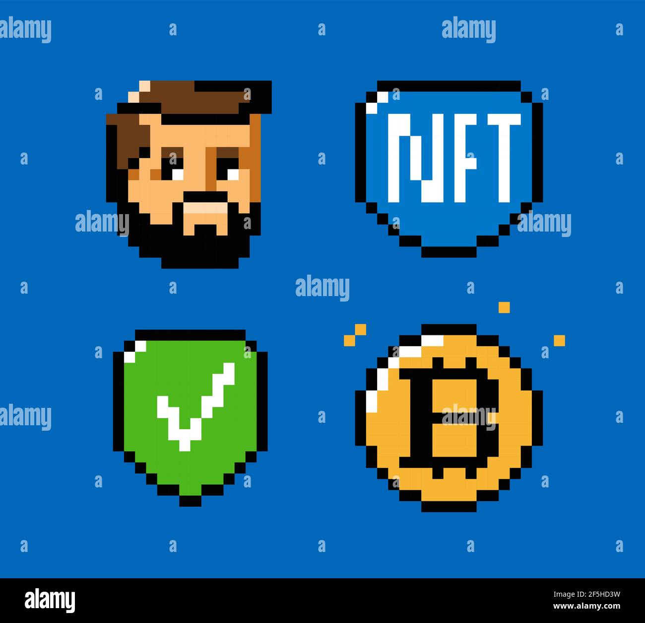 Insieme di icone NFT, token, blockchain. Vettore pixel art in valuta digitale Illustrazione Vettoriale