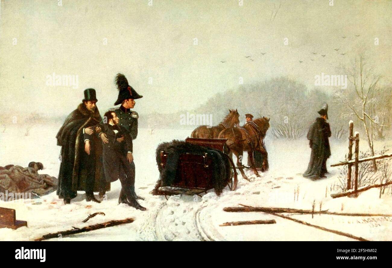 Il duello di Pushkin con d'Anthes, l'atlante A. Naumov 1884. Foto Stock