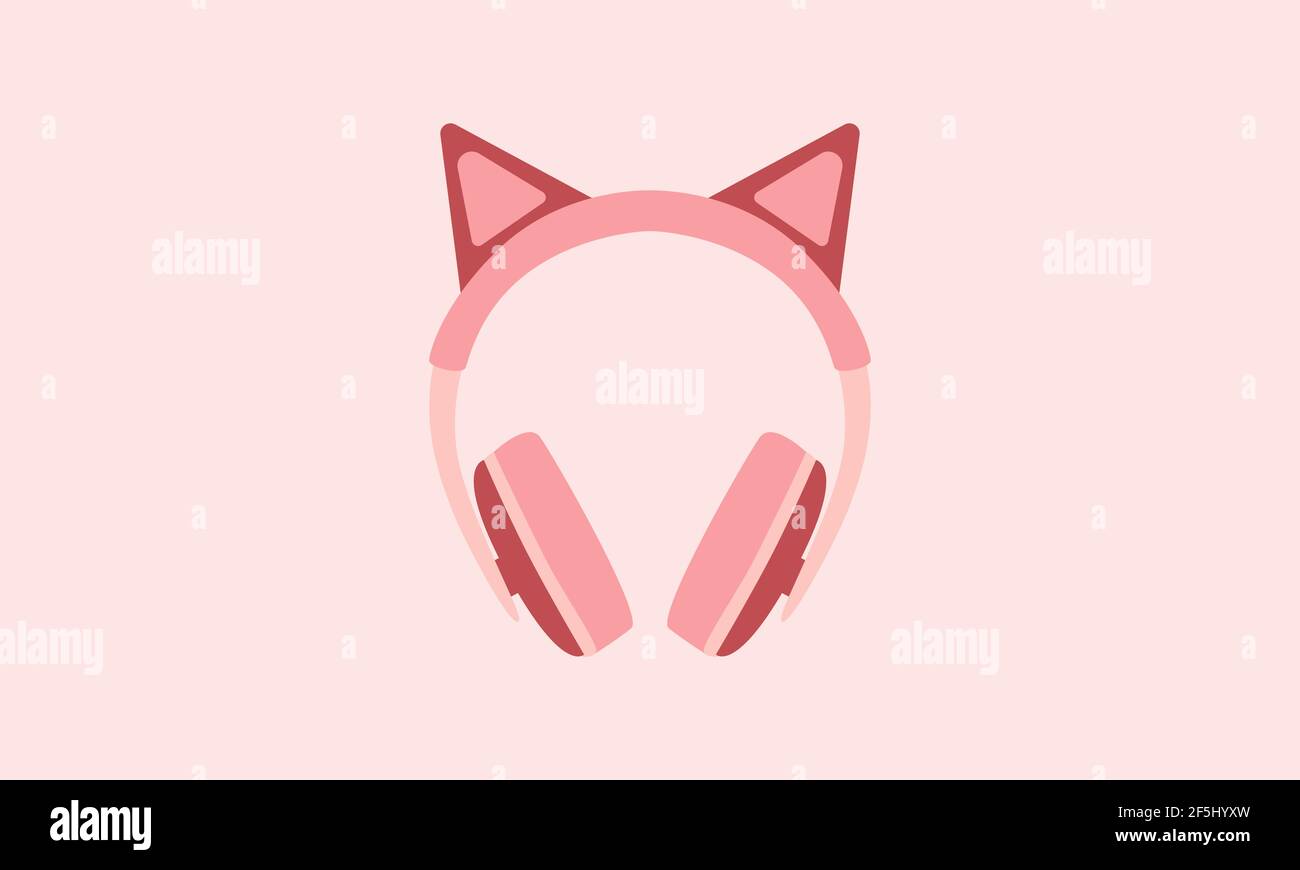 Cuffie o cuffie auricolari dal design minimalista e piatto nelle tonalità del rosa pastello. La cuffia è dotata di graziose orecchie di gatto o volpe sulla parte superiore. L'immagine è isolata. Illustrazione Vettoriale