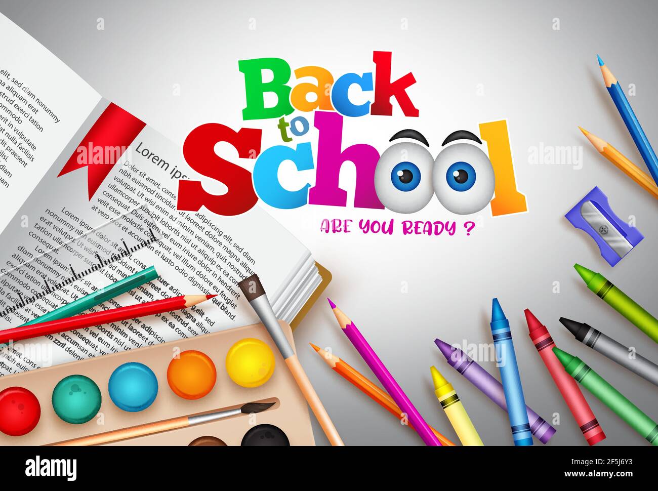Sfondo banner vettoriale di ritorno alla scuola. Torna a scuola sei pronto testo con pastelli, vernici e libri elementi di studio per l'attività degli studenti. Illustrazione Vettoriale