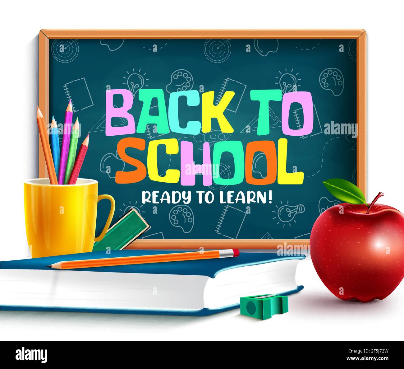 Progetto vettoriale di ritorno alla scuola. Torna a scuola pronto per imparare il testo in oggetto lavagna con libro, porta tazza e elementi di mela per l'istruzione. Illustrazione Vettoriale