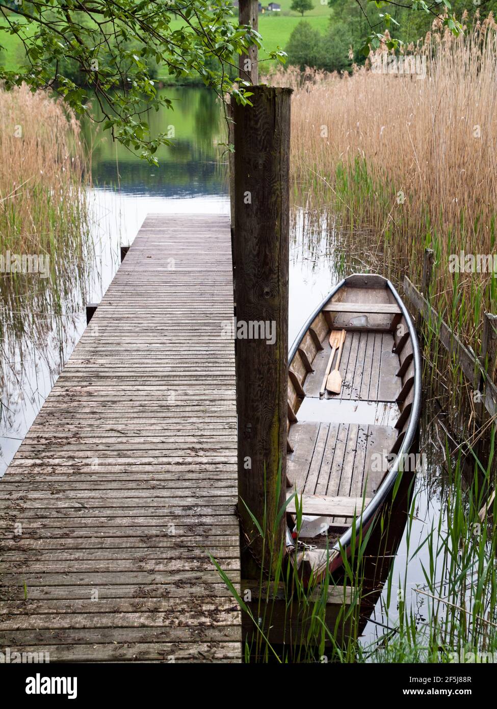 Vecchia canoa legata al molo di Puschacherteich, uno dei tre laghi dello Yspertal, bassa Austria. Foto Stock