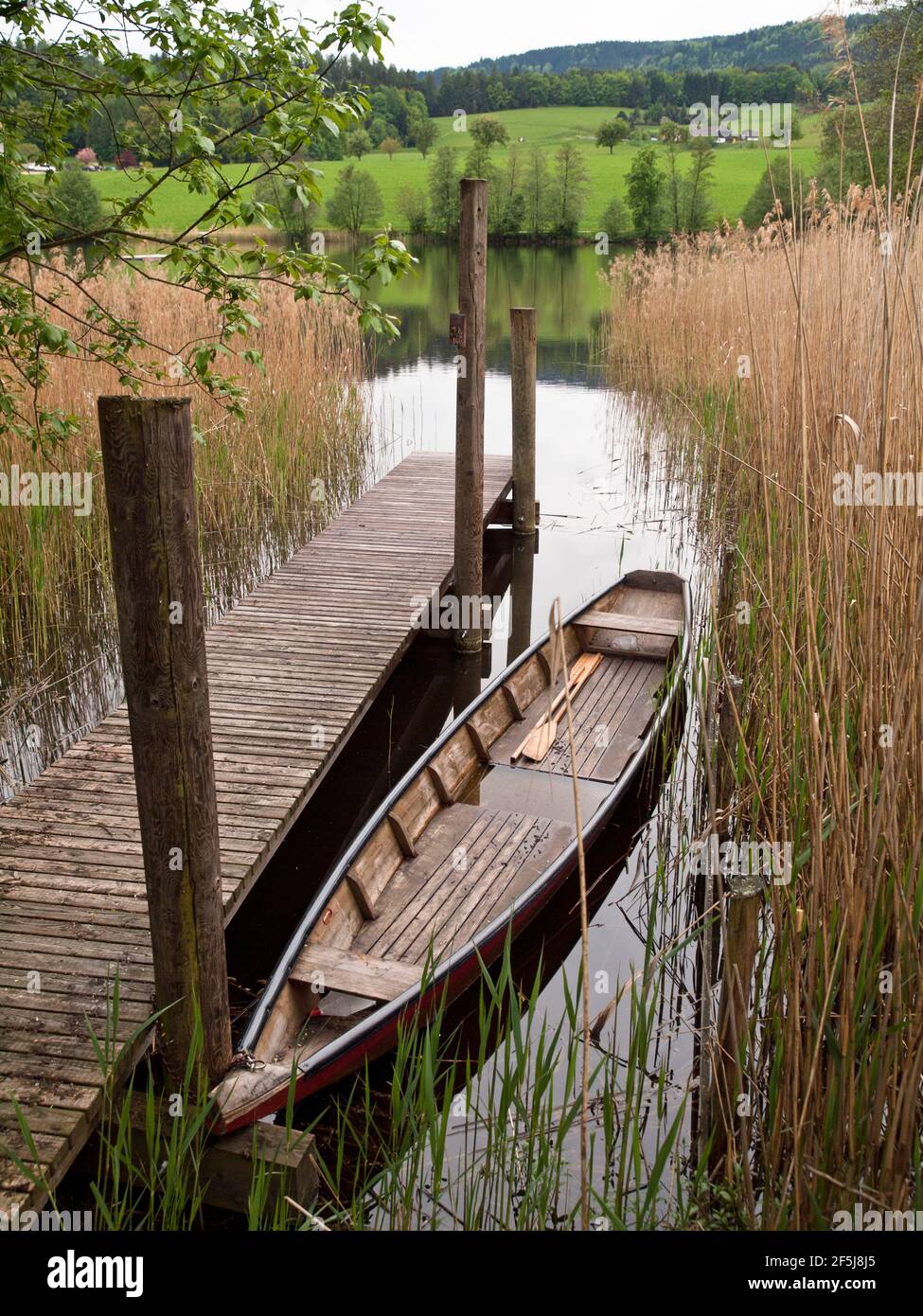 Vecchia canoa legata al molo di Puschacherteich, uno dei tre laghi dello Yspertal, bassa Austria. Foto Stock