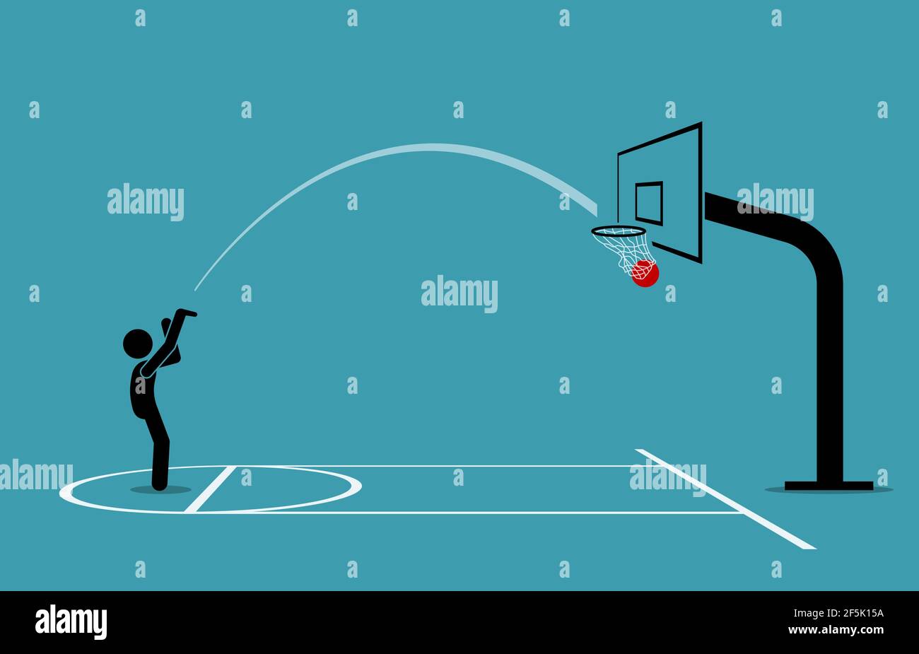 Uomo che spara un basket in un cerchio e punteggio dalla linea di tiro libero. Concetto di illustrazione vettoriale di precisione, precisione, competenza, obiettivo e pra Illustrazione Vettoriale