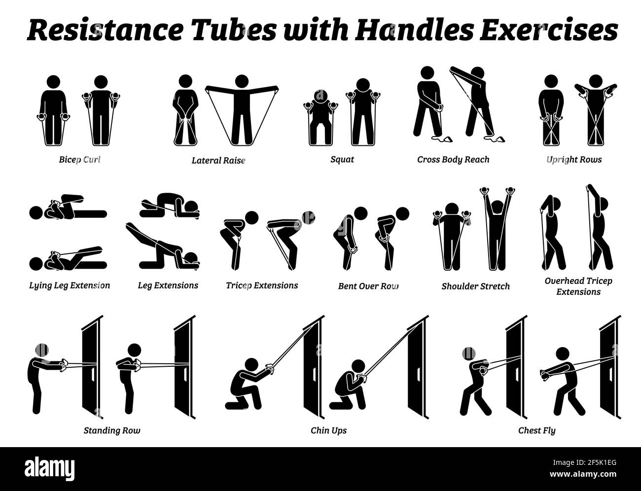 I tubi di resistenza si stendono con le esercitazioni di maniglie e le tecniche di workout di stretch in un punto per punto. Illustrazioni vettoriali di esercizi di stretching pose, postu Illustrazione Vettoriale