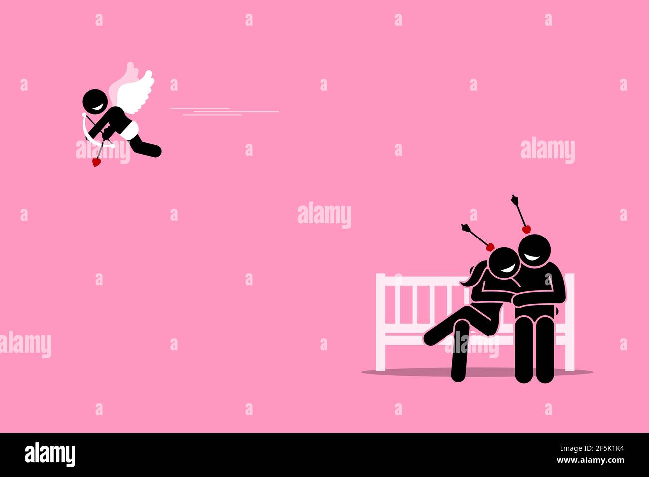 Coppia innamorata dopo essere stata colpita dalla freccia d'amore dell'angelo cupido. Illustrazione vettoriale concetto di romanticismo, amante, datazione, relazione e Valentino. Illustrazione Vettoriale