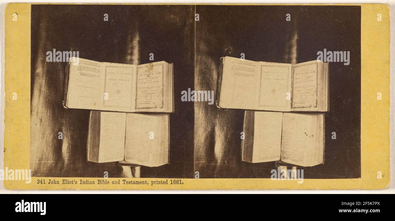 La Bibbia indiana e il Testamento di Giovanni Eliot, stampato nel 1661.. Edward Bierstadt (americano, nato Germania, 1824 - 1907) Foto Stock