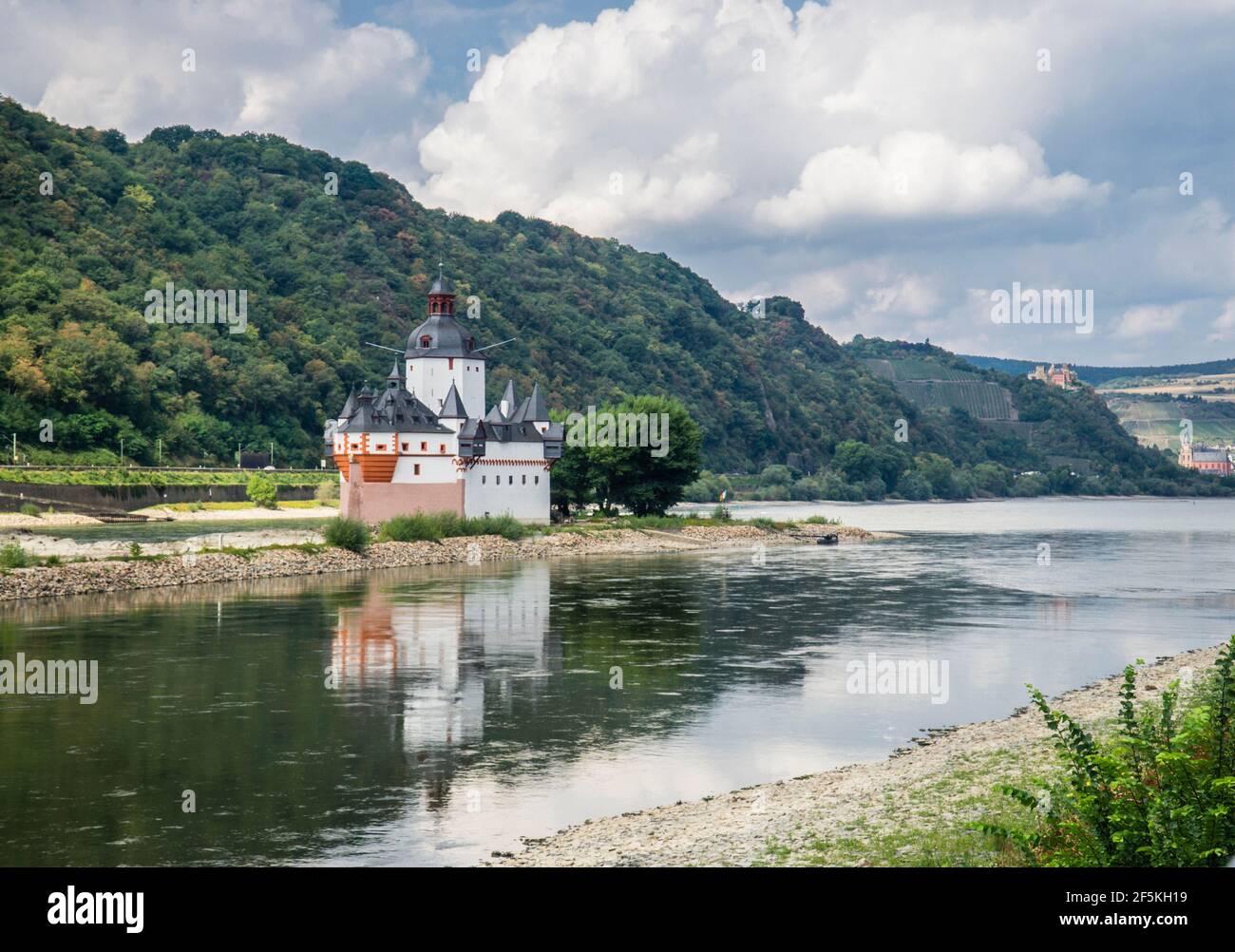 Castello di Pfalzgrafenstein conosciuto come il Pfalz sull'isola di Falkenau nel fiume Reno a Kaub. Dal 14 ° secolo fino al 1867 il castello funzionò come un Foto Stock