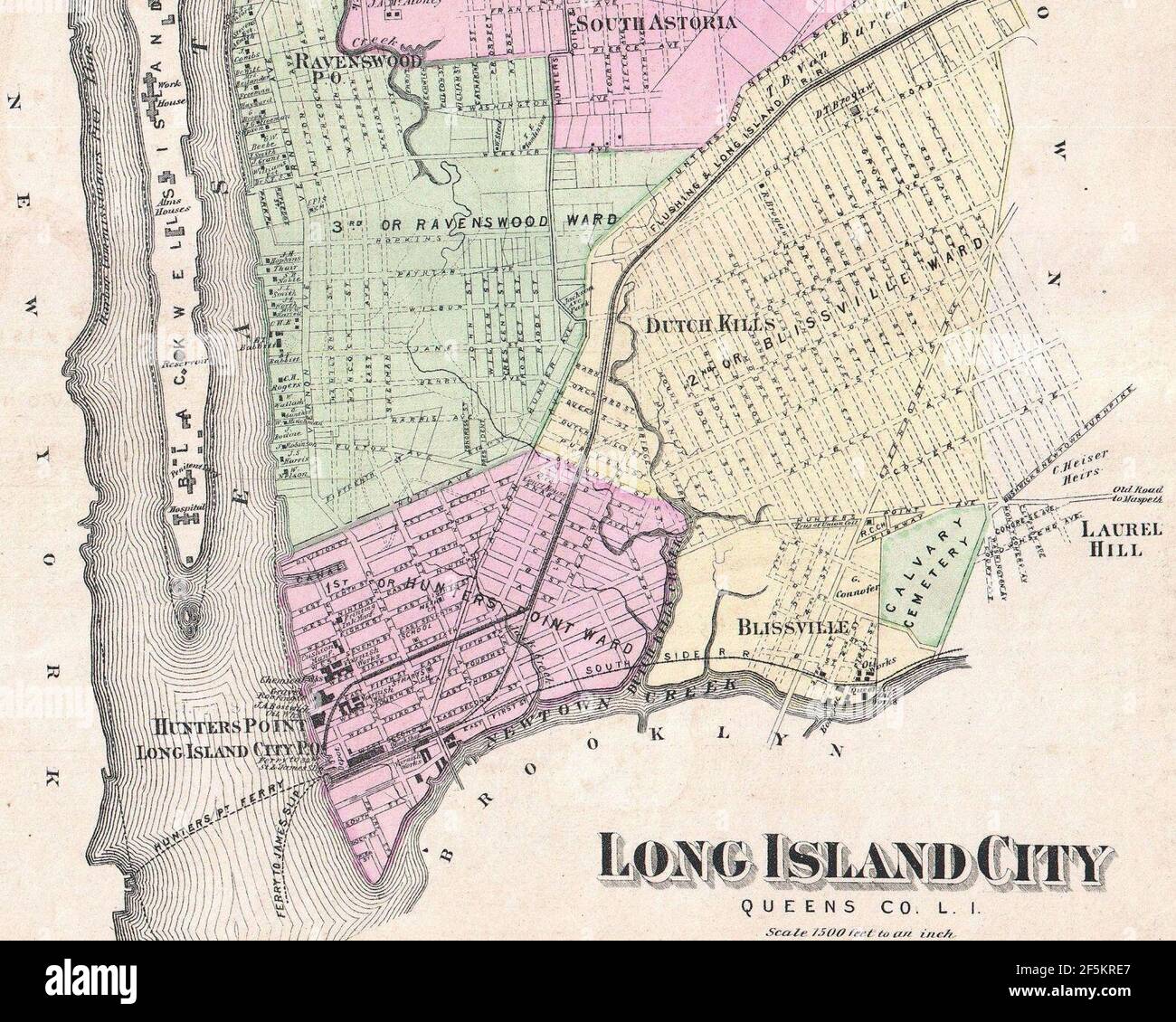 Ravenswood, uccisioni olandesi, Hunters Point, Blissville, Calvario Cemetery, Laurel Hill - 1873 Beers Mappa di Astoria e Long Island City, Queens, New York - Geographicus - LongIslandCity-Beers-1873 (tagliato). Foto Stock