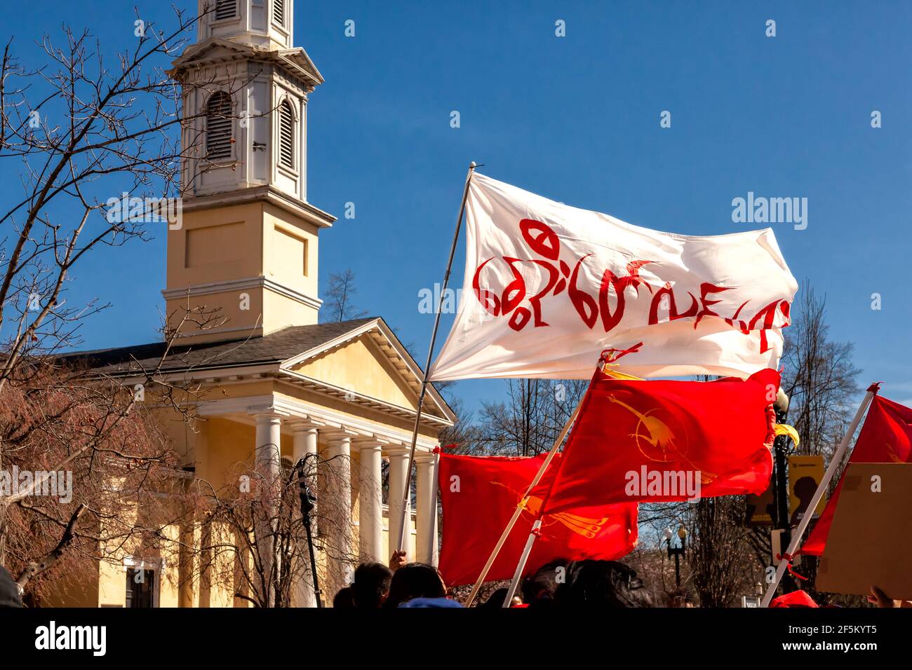 Washington, DC, USA, 26 marzo 2021. Nella foto: Bandiere in mostra - compresa la bandiera della Lega nazionale per la democrazia - per la protesta contro il colpo di Stato del Myanmar al Black Lives Matter Plaza, dove i dimostranti hanno chiesto al presidente Joe Biden di intervenire per ripristinare la democrazia in Myanmar. Credit: Alison C Bailey/Alamy Live News Foto Stock