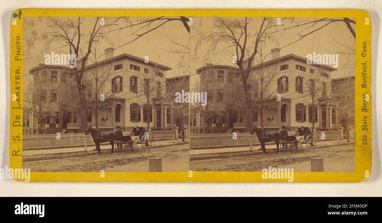 Donna e bambino in carrozza trainata da cavalli, uomo in piedi a fianco, Hartford, Connecticut. Richard Storm De Lamater (americano, 1833 - 1915) Foto Stock