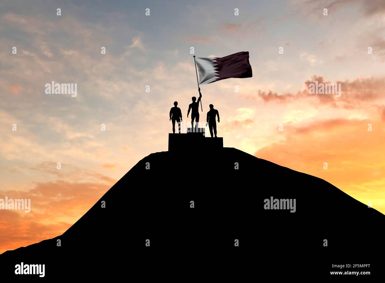 Bandiera del Qatar sventolata in cima al podio dei vincitori. Rendering 3D Foto Stock