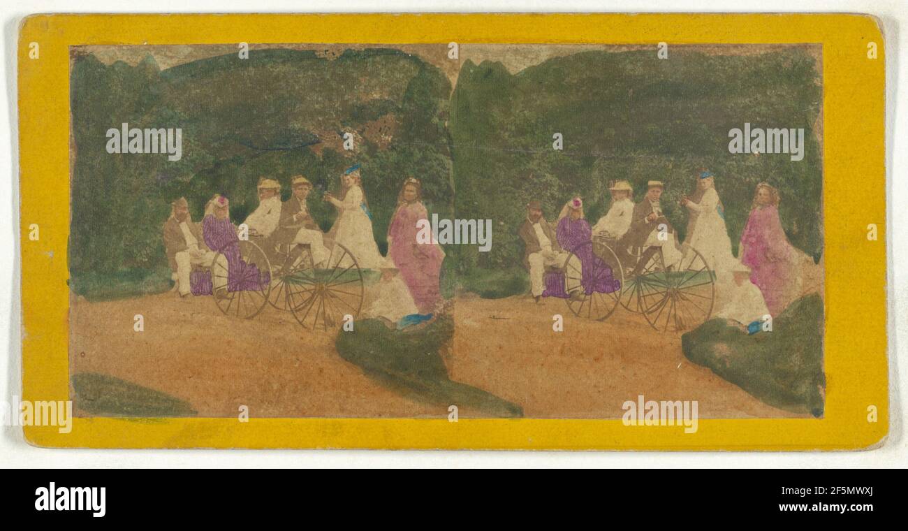 Gruppo di uomini e donne in carrozza, possibilmente a Central Park, New York City. Produttore sconosciuto, americano Foto Stock