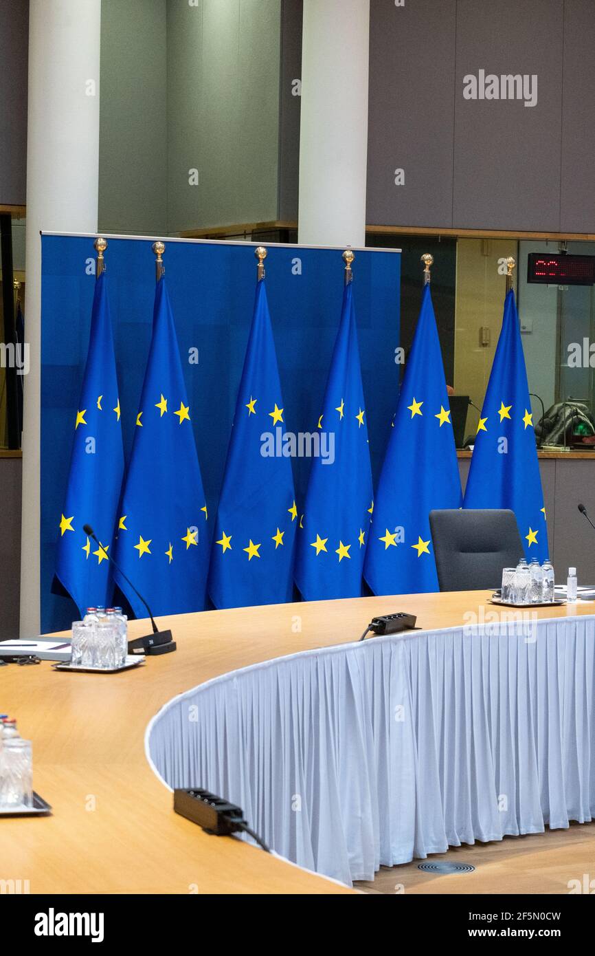 Il presidente del Consiglio europeo Charles Michel partecipa al vertice sociale tripartito, tramite videoconferenza. Bruxelles, il 24/03/2021. Le Pres Foto Stock