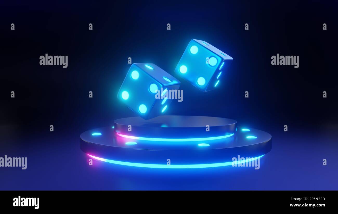 il rendering in 3d di due dadi del casinò rotola su un podio, illustrato in uno stile leggero al neon. Foto Stock
