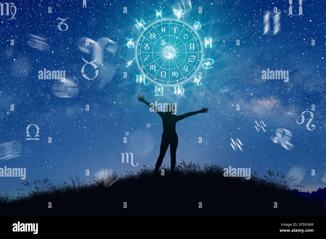 Segni zodiacali astrologici all'interno del cerchio dell'oroscopo. Illustrazione della silhouette della donna che consulta le stelle e la luna sulla ruota dello zodiaco. Foto Stock