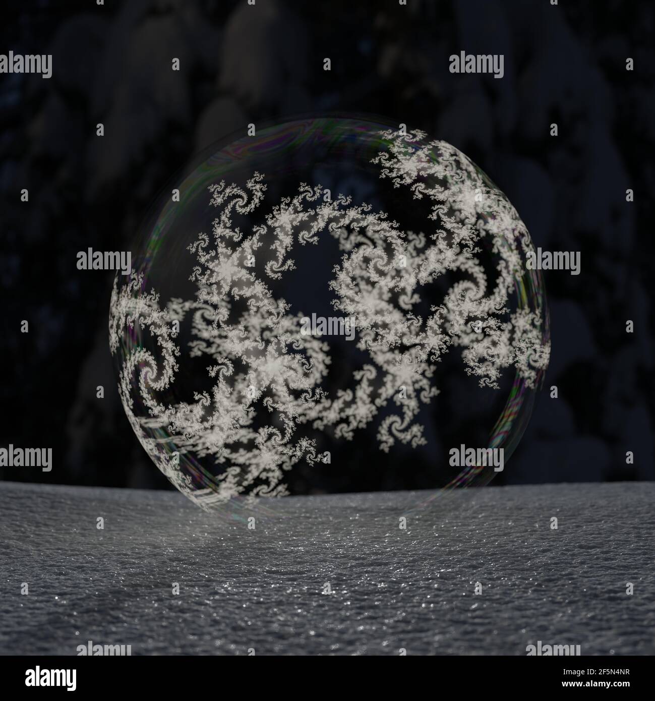 Bolle di sapone congelate e calcoli dei frattali in inverno, outddors, rendering 3D, Foto Stock