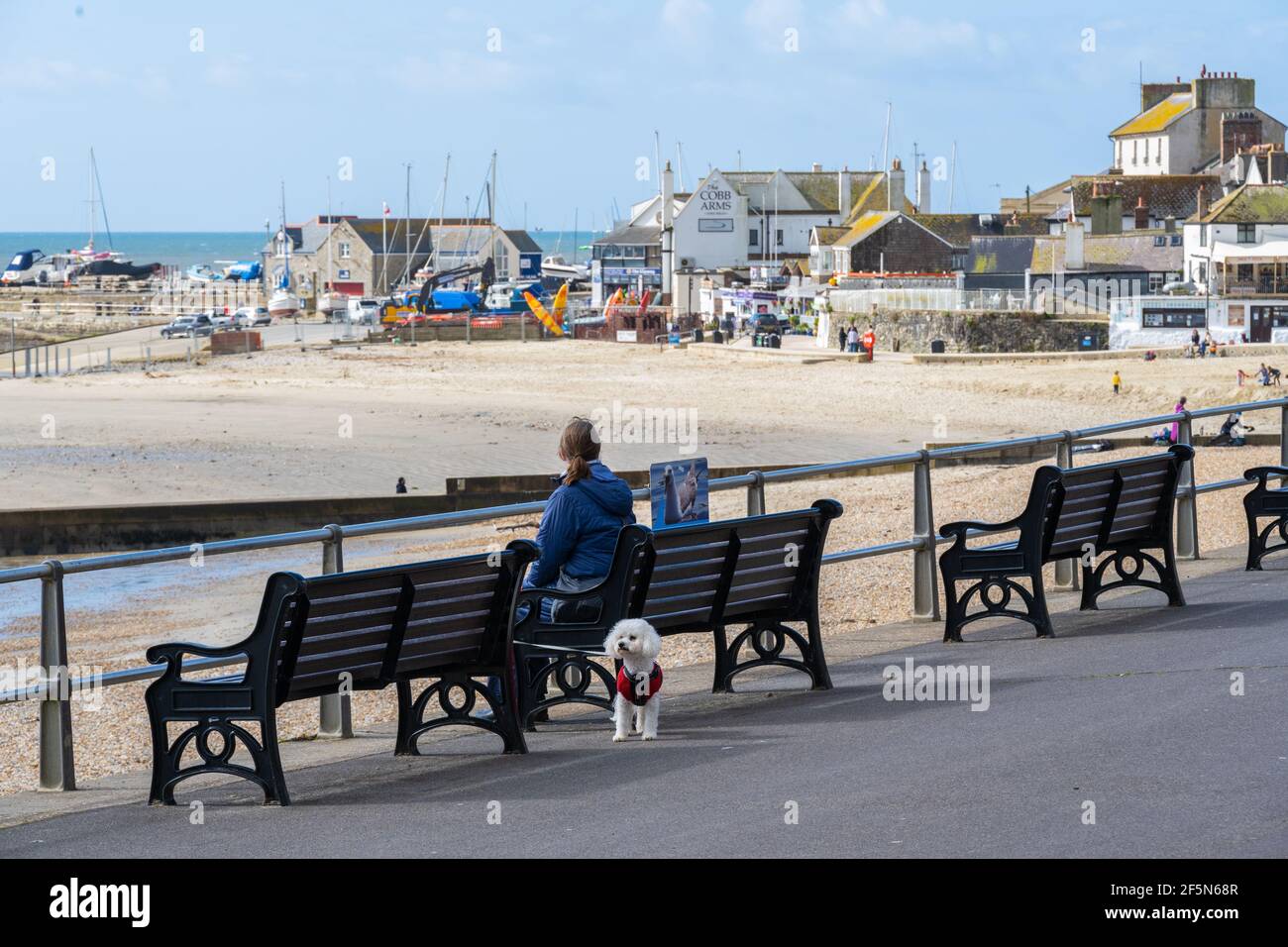 Lyme Regis, Dorset, Regno Unito. 27 Marzo 2021. Regno Unito Meteo: Dopo un inizio freddo ci sono stati un sacco di caldi incantesimi di sole presso la località balneare di Lyme Regis oggi. La gente del posto stava per godersi presto il sole primaverile, ma la spiaggia era tranquilla per questo periodo dell'anno. La graziosa cittadina di mare dovrebbe essere più affollato la prossima settimana, in quanto le restrizioni di blocco del coronavirus finalmente iniziano a essere facili. Credit: Celia McMahon/Alamy Live News Foto Stock