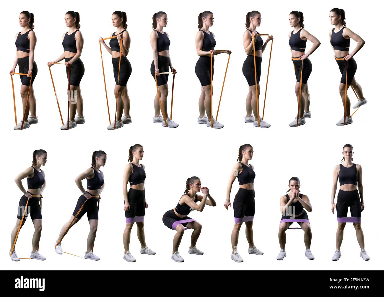 Set di diversi esercizi di stretching della banda di resistenza per le  gambe o le braccia da donna fitness. Corpo intero isolato su sfondo bianco  Foto stock - Alamy