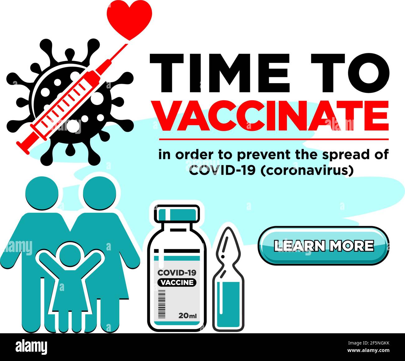 Segnale di stop coronavirus barrato dalla siringa. Famiglia con bambino, vaccino covid-19 in flacone e ampolla. Vaccinazione globale, per saperne di più dall'atterraggio Illustrazione Vettoriale