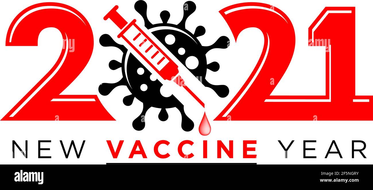 Logo anno nuovo vaccino 2021. Segno del coronavirus attraversato dalla siringa. Arrestare il coronavirus in 2021 concetto vettoriale su sfondo trasparente Illustrazione Vettoriale