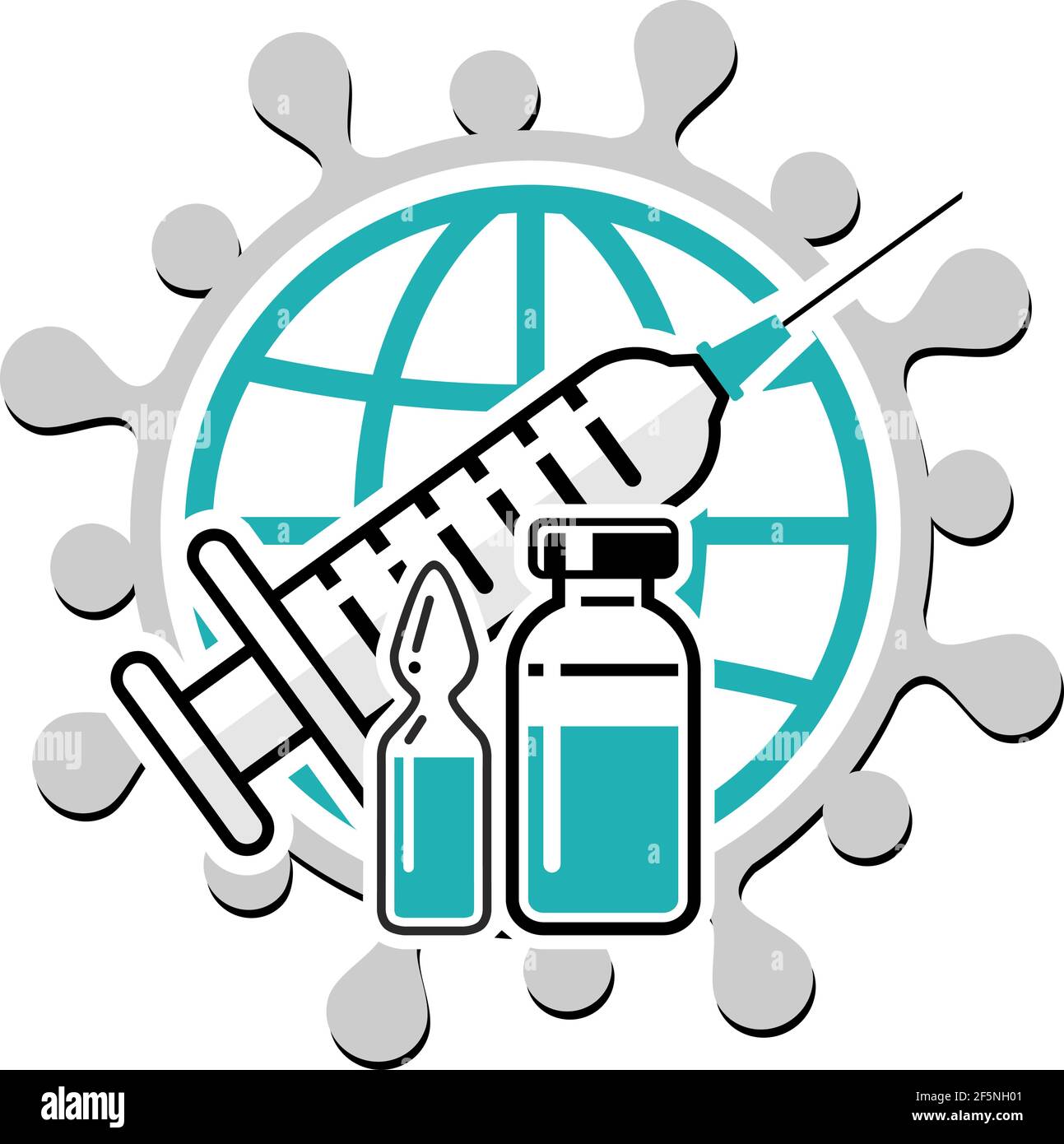 COVID-19 concetto di vaccinazione globale. Siringa medica con ago, flacone e flacone con il farmaco contro il coronavirus. Vettore isolato su sfondo bianco Illustrazione Vettoriale