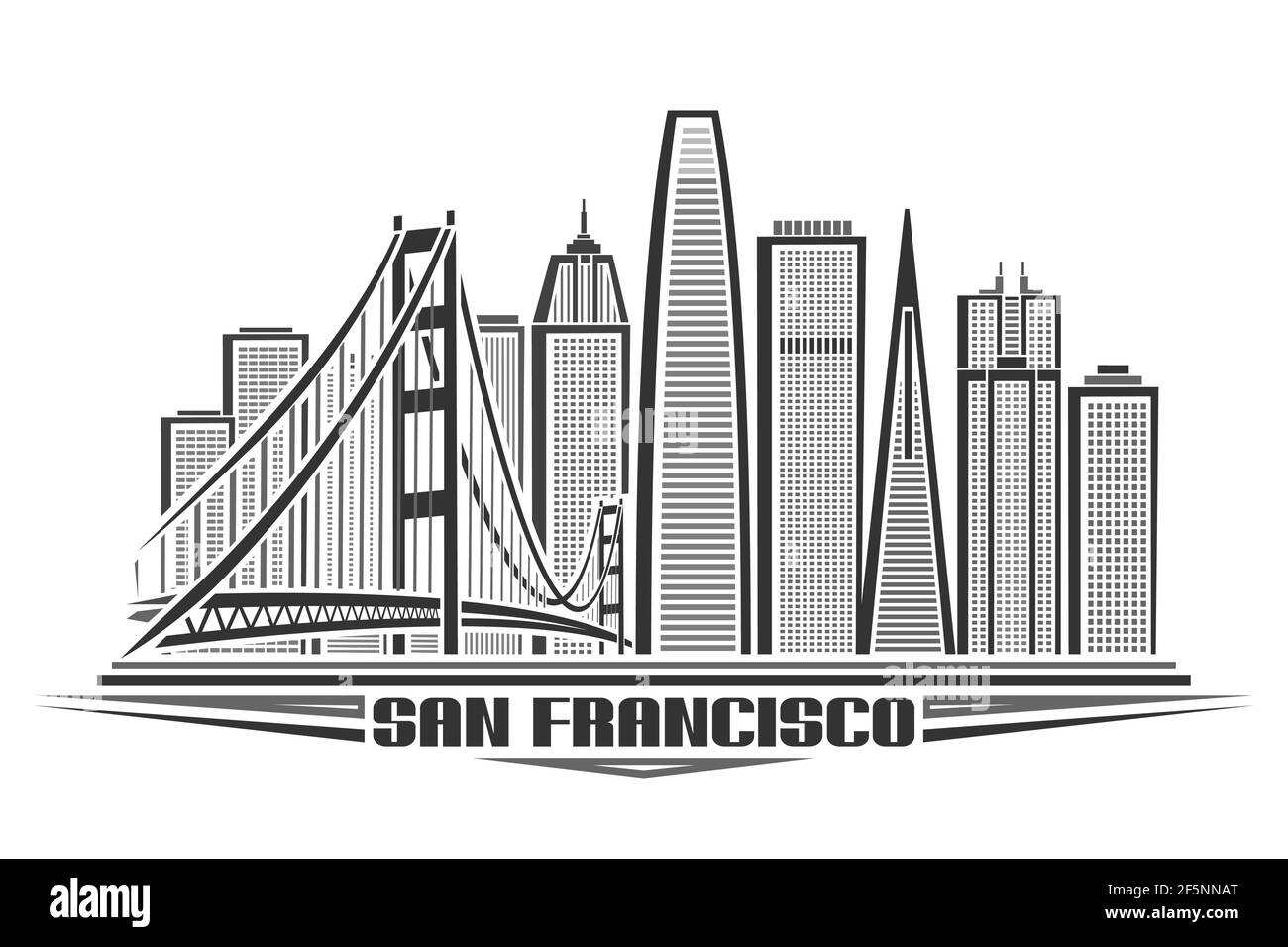 Illustrazione vettoriale di San Francisco, poster orizzontale monocromatico con design artistico di linea paesaggio cittadino americano, concetto urbano con carattere decorativo unico Illustrazione Vettoriale