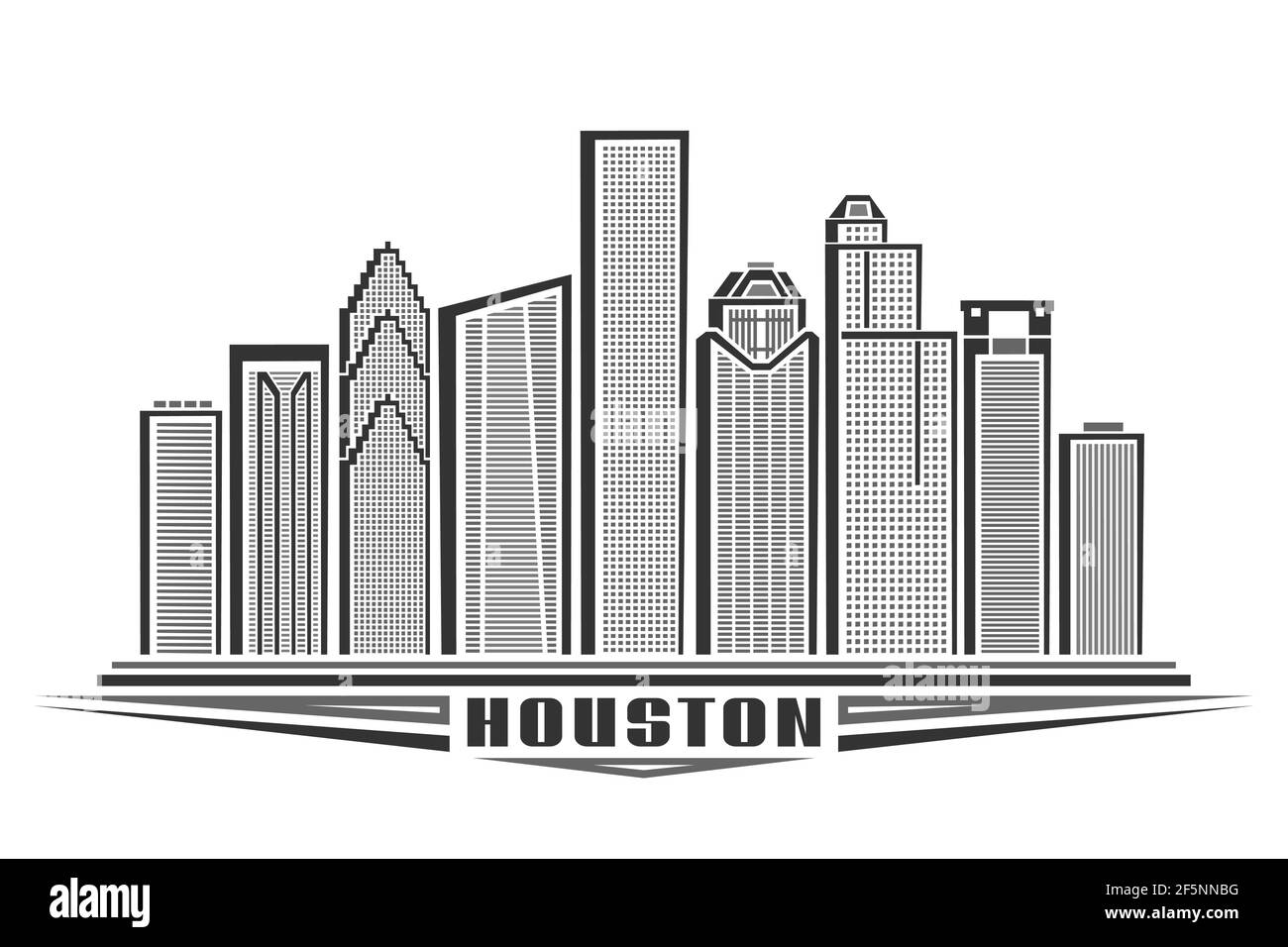 Illustrazione vettoriale di Houston, poster orizzontale monocromatico con design del paesaggio urbano di houston, concetto di arte urbana con decorazione unica Illustrazione Vettoriale