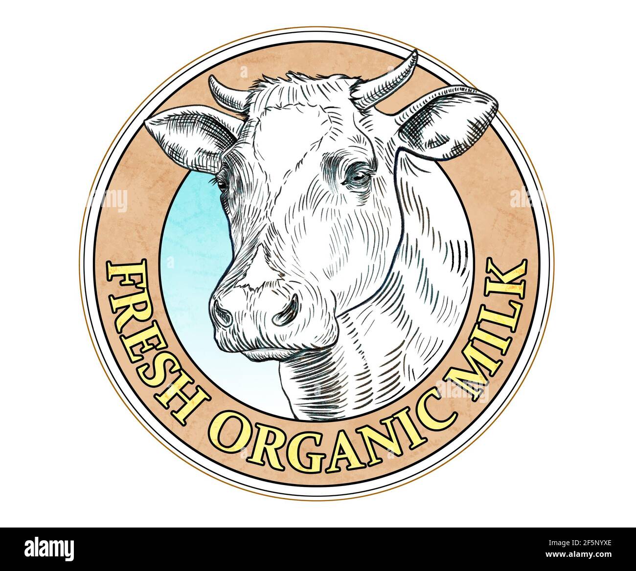 Etichetta del latte con una testa di vacca disegnata con inchiostro nero. Illustrazione digitale. Foto Stock