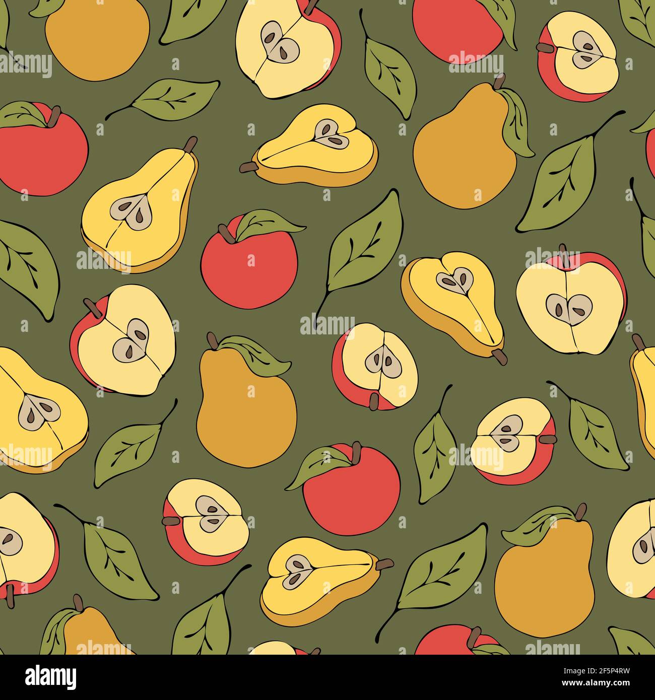 Modello vettoriale senza cuciture con mele e pere su sfondo verde. Semplice carta da parati con frutta. Alimentazione di salute. Illustrazione Vettoriale