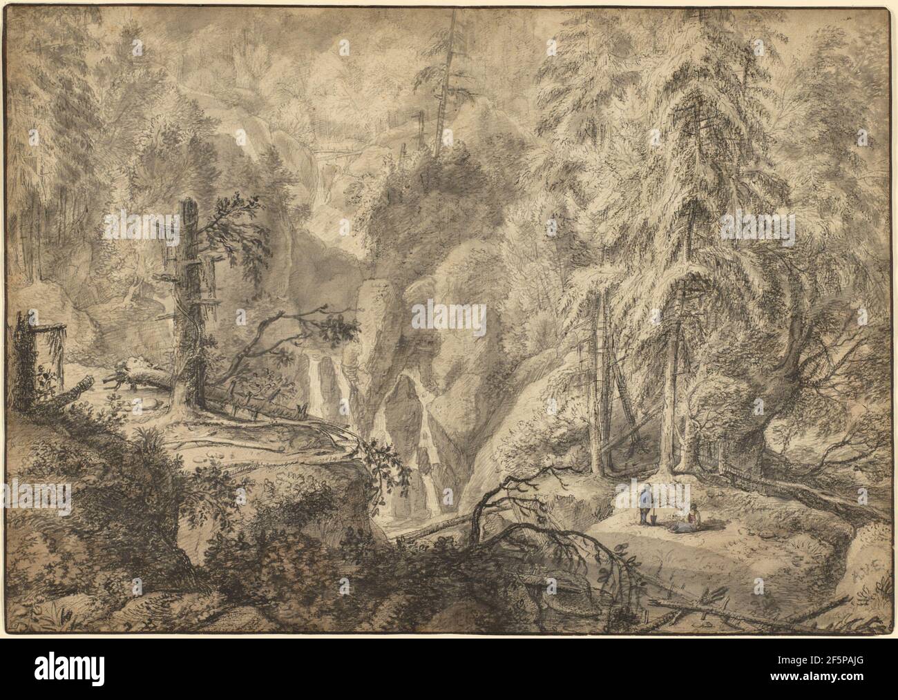 Paesaggio di montagna, contadini in una pulizia vicino a una cascata (recto); disegno di paesaggio (verso). Anthonie Waterloo (olandese, 1609 - 1690) Foto Stock