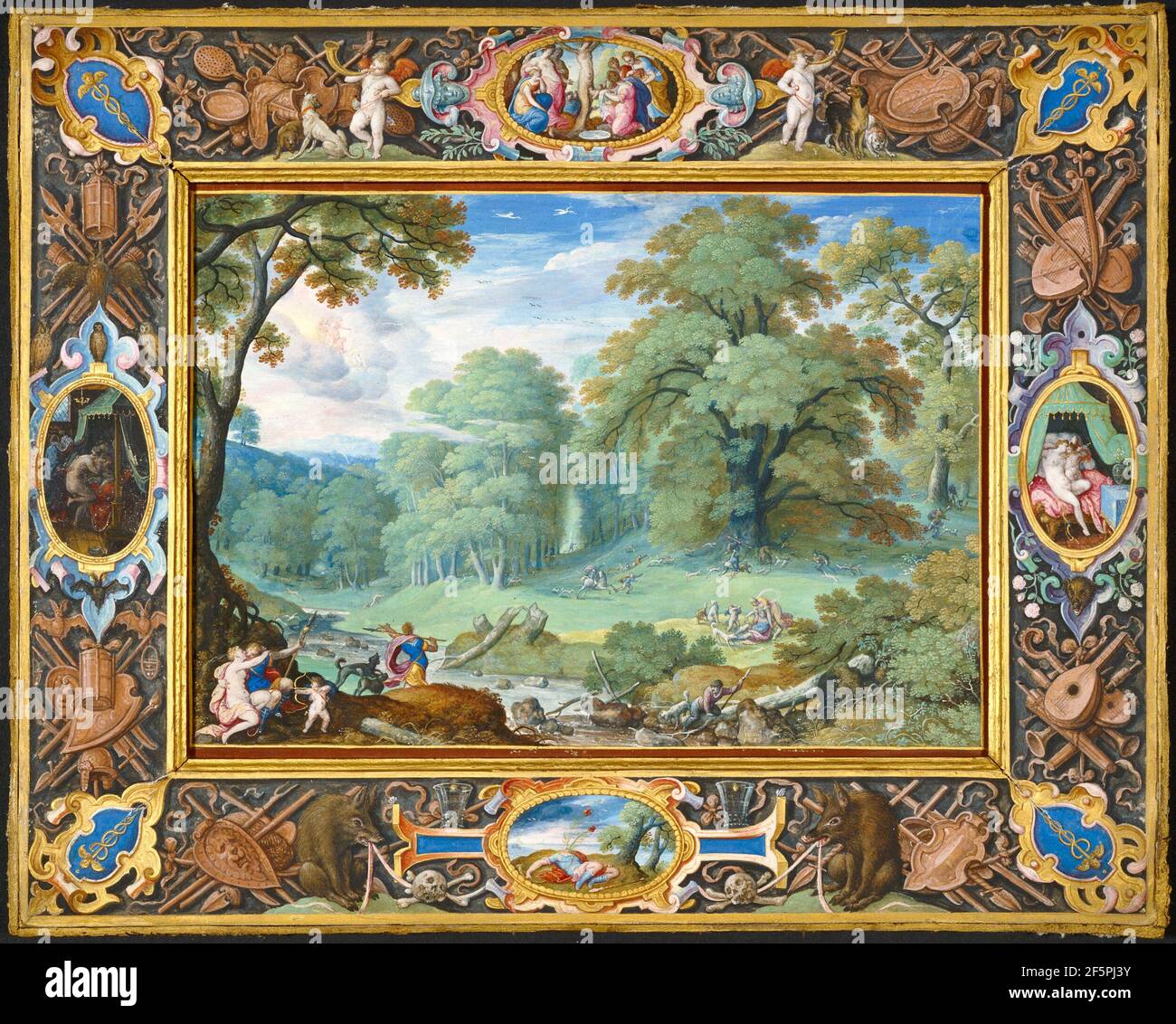Paesaggio con la Storia di Venere e Adonis. Hans Bol (Fiammingo, 1534 - 1593) Foto Stock