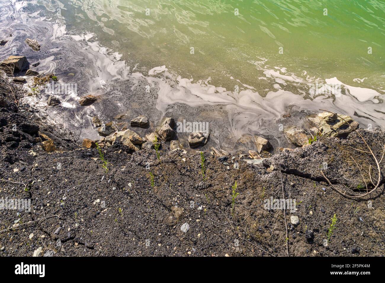 la riva della discarica è lavata da stabilizzato acque reflue ricoperte da schiuma tossica sporca Foto Stock