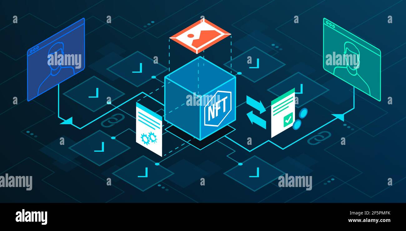 Artista e collezionista che scambiano crittografia NFT e blockchain Illustrazione Vettoriale