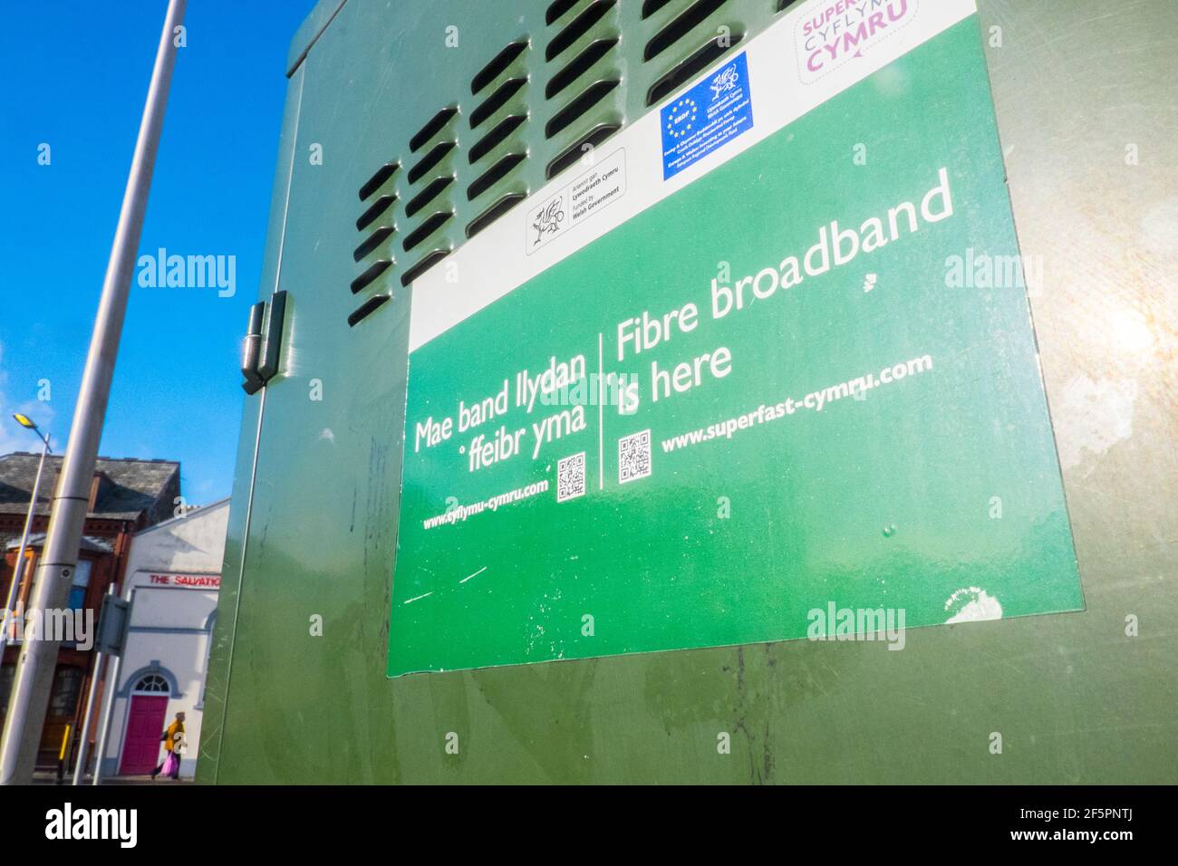 Fibra,cabinet,in,centro,di,Aberystwyth,Aberystwyth,Cardigan Bay,studente,università,costa,città,costiera,in,Ceredigion,Mid,West,Galles,Galles,GB,Gran Bretagna,Gran Bretagna,Regno Unito,Regno Unito,Europa, Foto Stock