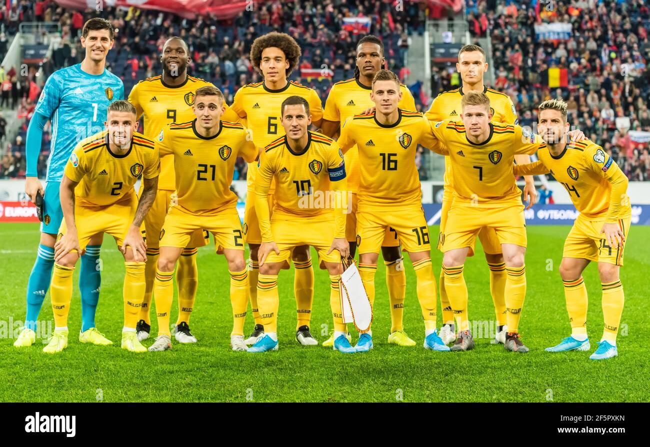 San Pietroburgo, Russia – 16 novembre 2019. Foto della squadra nazionale belga prima della partita di qualificazione UEFA Euro 2020 Russia vs Belgio Foto Stock