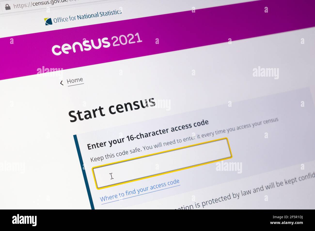La pagina iniziale del sito web online sullo schermo di un computer portatile per il censimento del Regno Unito 2021, organizzato dall'Ufficio per le statistiche nazionali Foto Stock