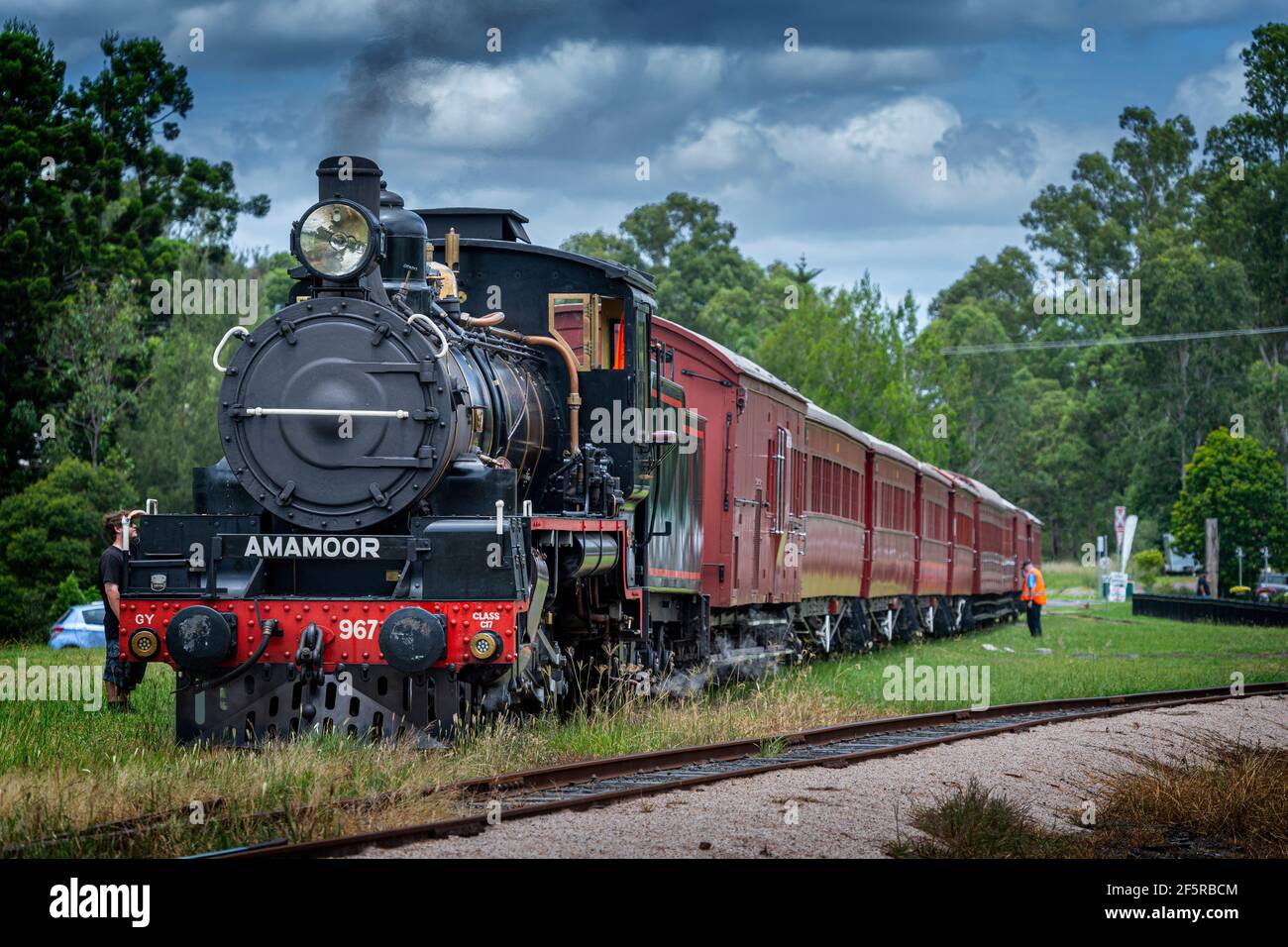 Mary Valley Rattler storica ferrovia esperienza turistica, Spirit of Mary Valley treno a vapore alla stazione di Amamoor. Mary Valley, Queensland, Australia Foto Stock