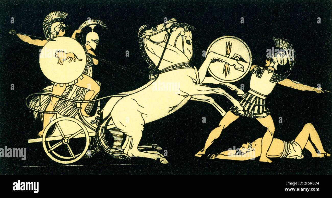 Diomedes (anche detto Diomed) lanciando la sua lancia contro Marte nome romano – il nome greco è Ares). La scena è tratta dal poema epico di Omero Iliad. Diomedes fu anche l'unico eroe ad eccezione di Eracle, figlio di Zeus, che attaccò, e persino ferì, gli dei dell'Olimpo (in particolare Ares, che colpì con la lancia). Foto Stock
