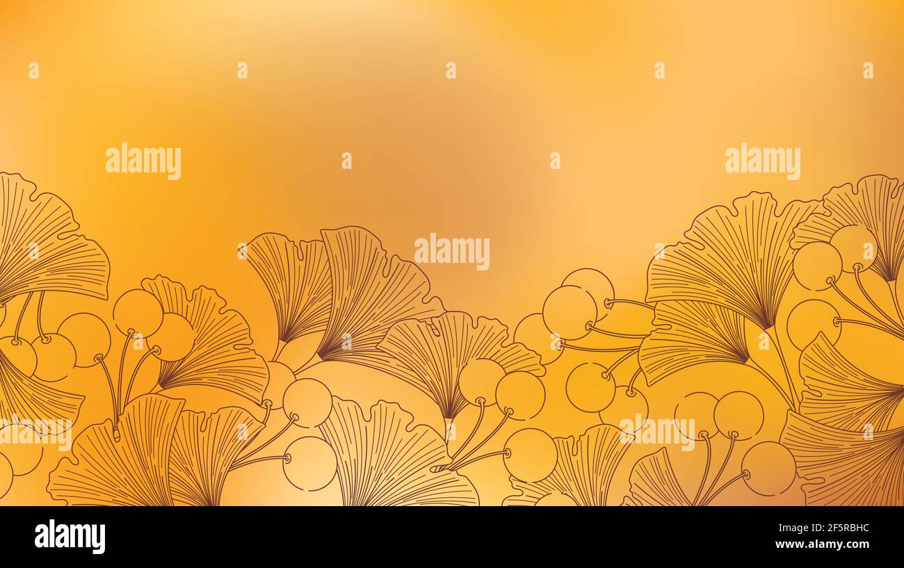 Sfondo arancione acquerello sfocato con contorno di ginkgo biloba giapponese foglie e bacche Illustrazione Vettoriale
