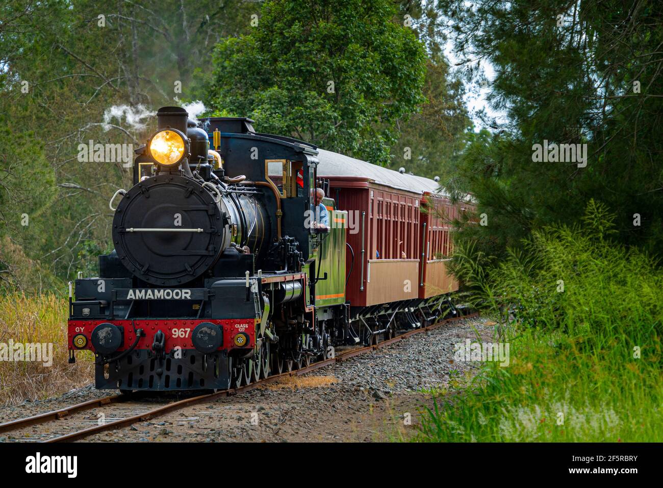 Mary Valley Rattler storica ferrovia esperienza turistica, Spirit of Mary Valley treno a vapore alla stazione di Amamoor. Mary Valley, Queensland, Australia Foto Stock