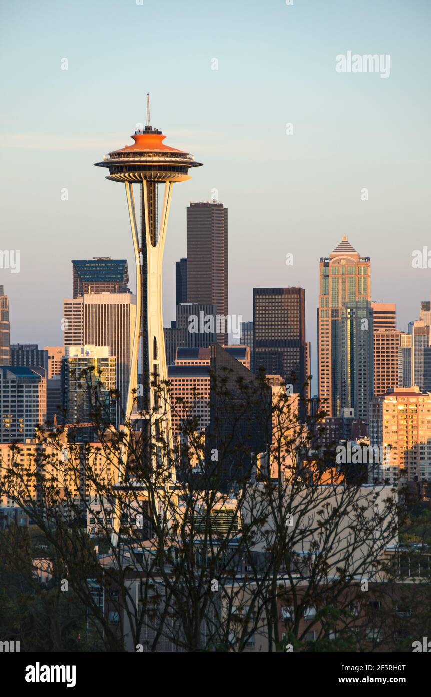 Lo Space Needle di Seattle dipinse oro galassico per festeggiare il suo 50° anniversario di costruzione e colore originale utilizzato durante il 1962 Fiera mondiale Foto Stock