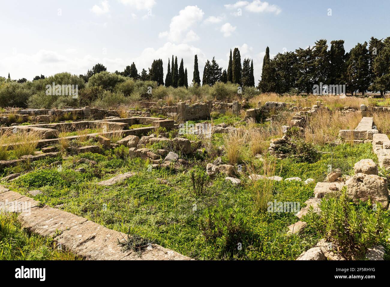 Vista panoramica sull'area archeologica di Megara Iblea in provincia di Siracusa, Sicilia, Italia Foto Stock