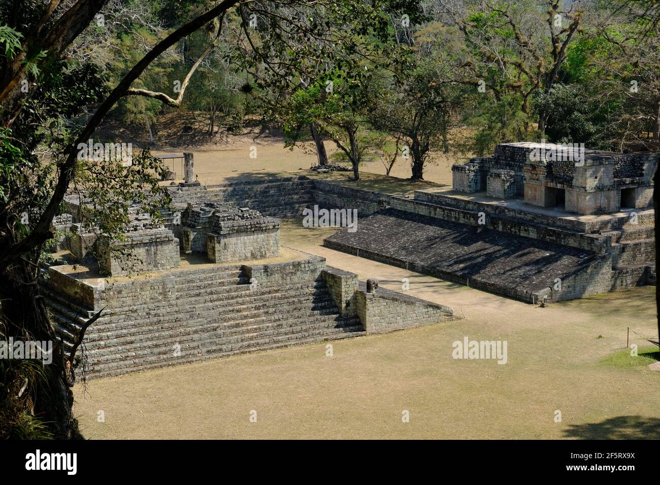 Honduras Copan Ruinas - rovine di Copan paesaggio vista a. il campo da ballo Foto Stock