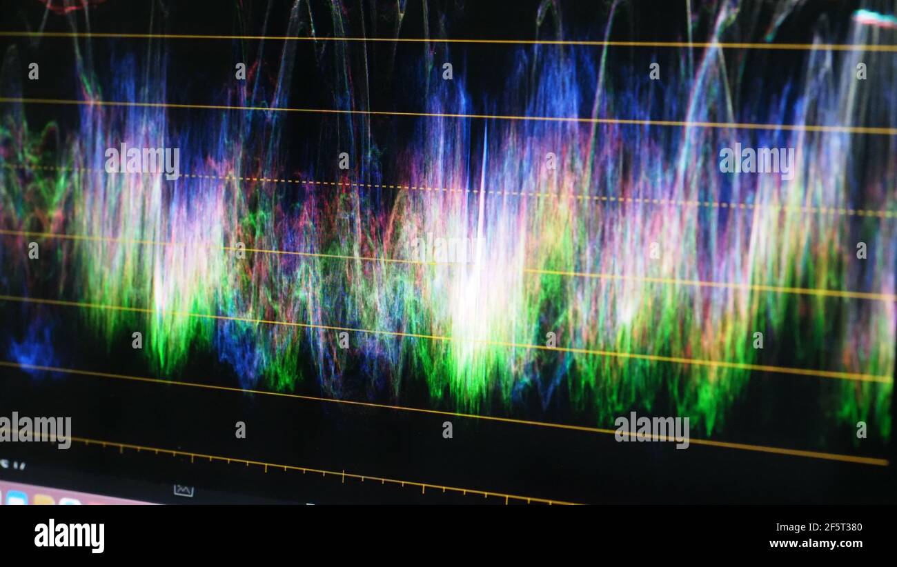 Monitor di classificazione dei colori. Grafico dell'indicatore di correzione del colore RGB sullo schermo durante il processo di post-produzione. Fase di telecine in processi di produzione di video o film Foto Stock