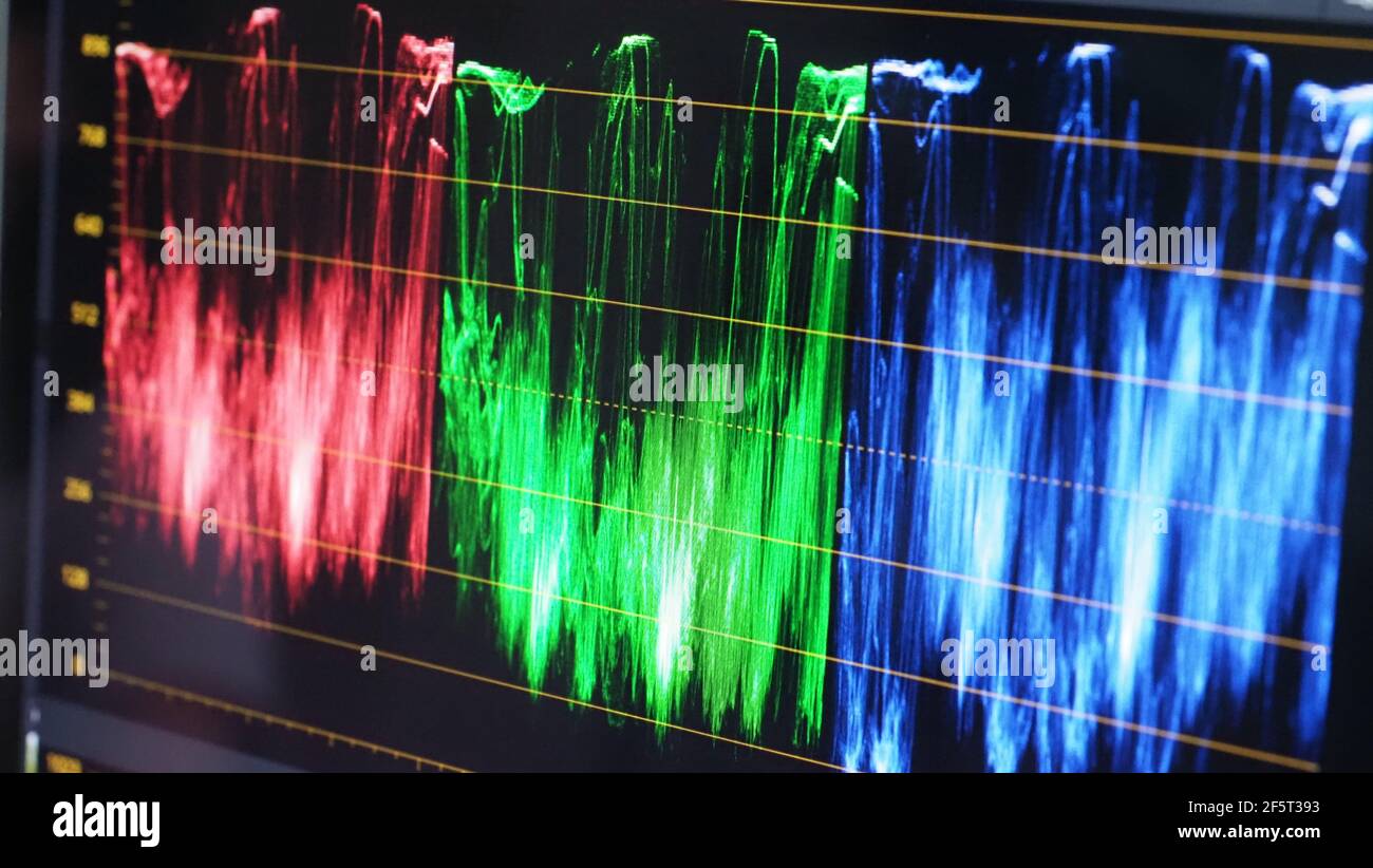 Monitor di classificazione dei colori. Grafico dell'indicatore di correzione del colore RGB sullo schermo durante il processo di post-produzione. Fase di telecine in processi di produzione di video o film Foto Stock
