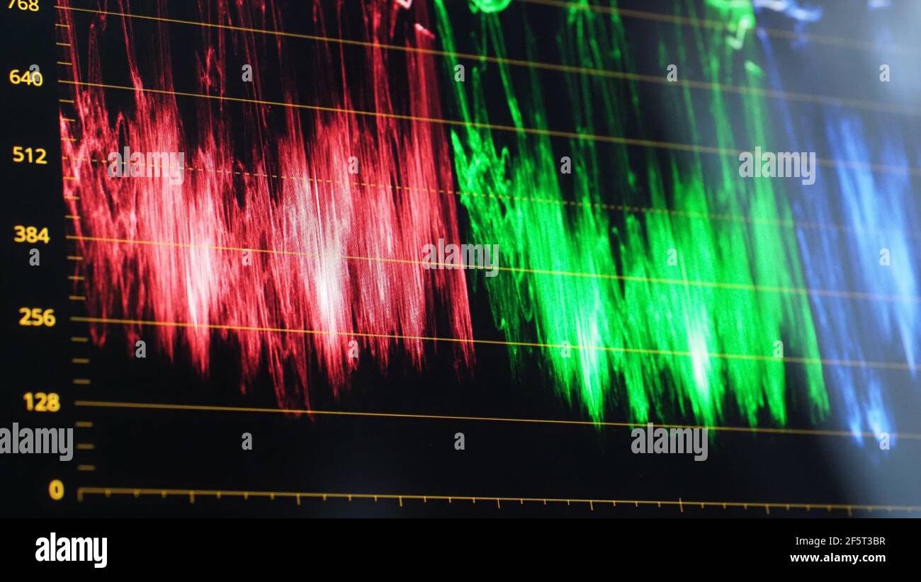 Monitor di classificazione dei colori. Grafico dell'indicatore di correzione del colore RGB sullo schermo durante il processo di post-produzione. Fase di telecine in processi di produzione di video o film Foto Stock
