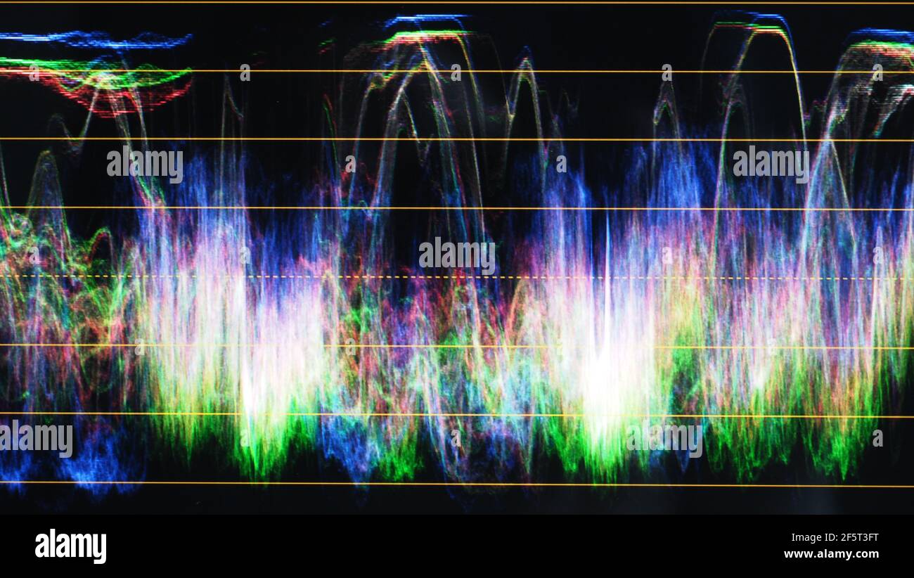 Monitor di classificazione dei colori. Grafico dell'indicatore di correzione del colore RGB sullo schermo durante il processo di post-produzione. Fase di telecine in processi di produzione di video o film Foto Stock