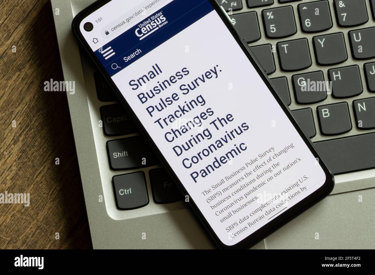 La pagina Small Business Pulse Survey (SBPS) è visualizzata sul sito ufficiale dell'Ufficio del censimento degli Stati Uniti su uno smartphone il 26 marzo 2021. Foto Stock