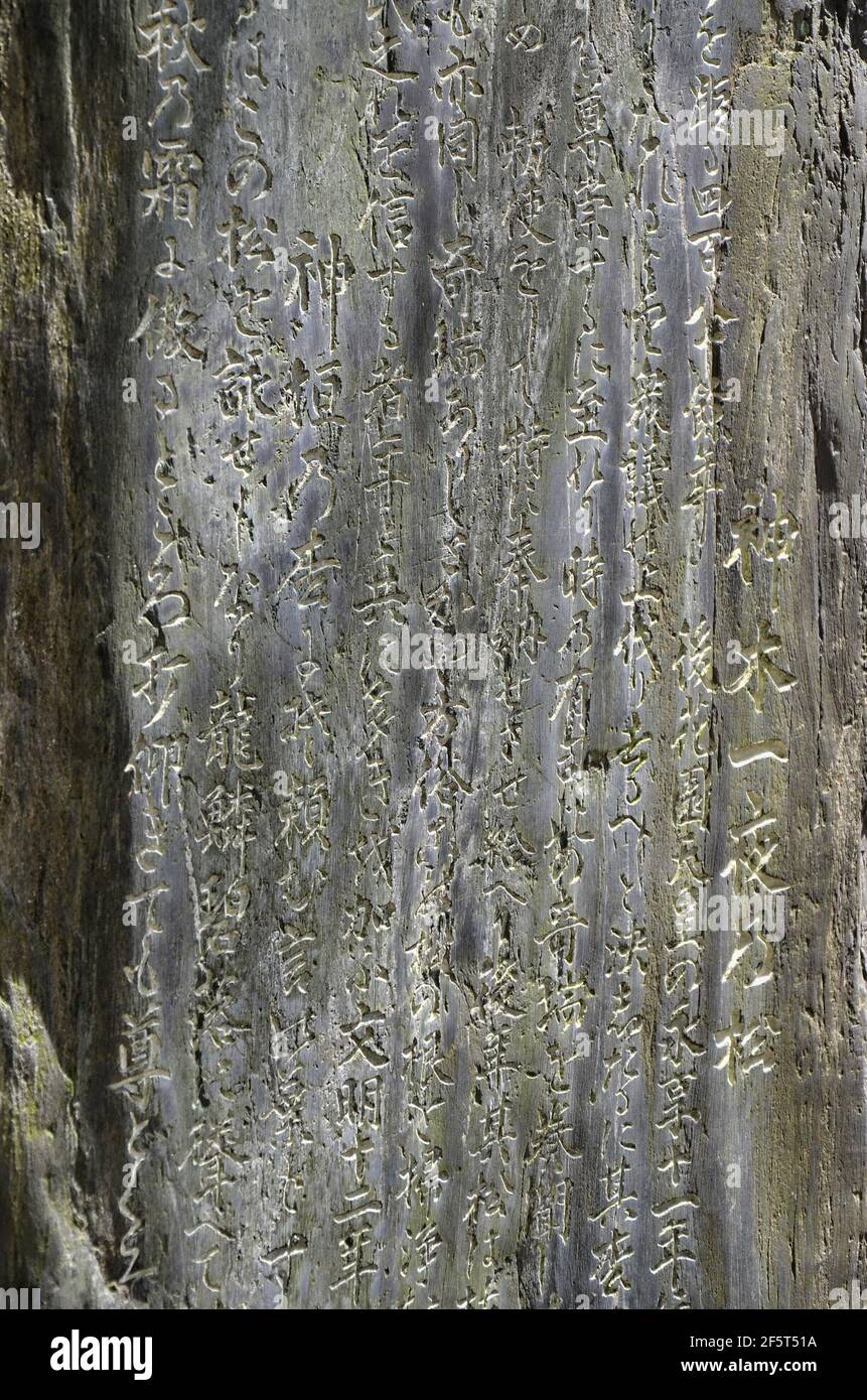 Testi incisi in pietra al Santuario di Sumiyoshi nella città di Fukuoka, Giappone. Questo santuario è dedicato a viaggi sicuri via mare Foto Stock